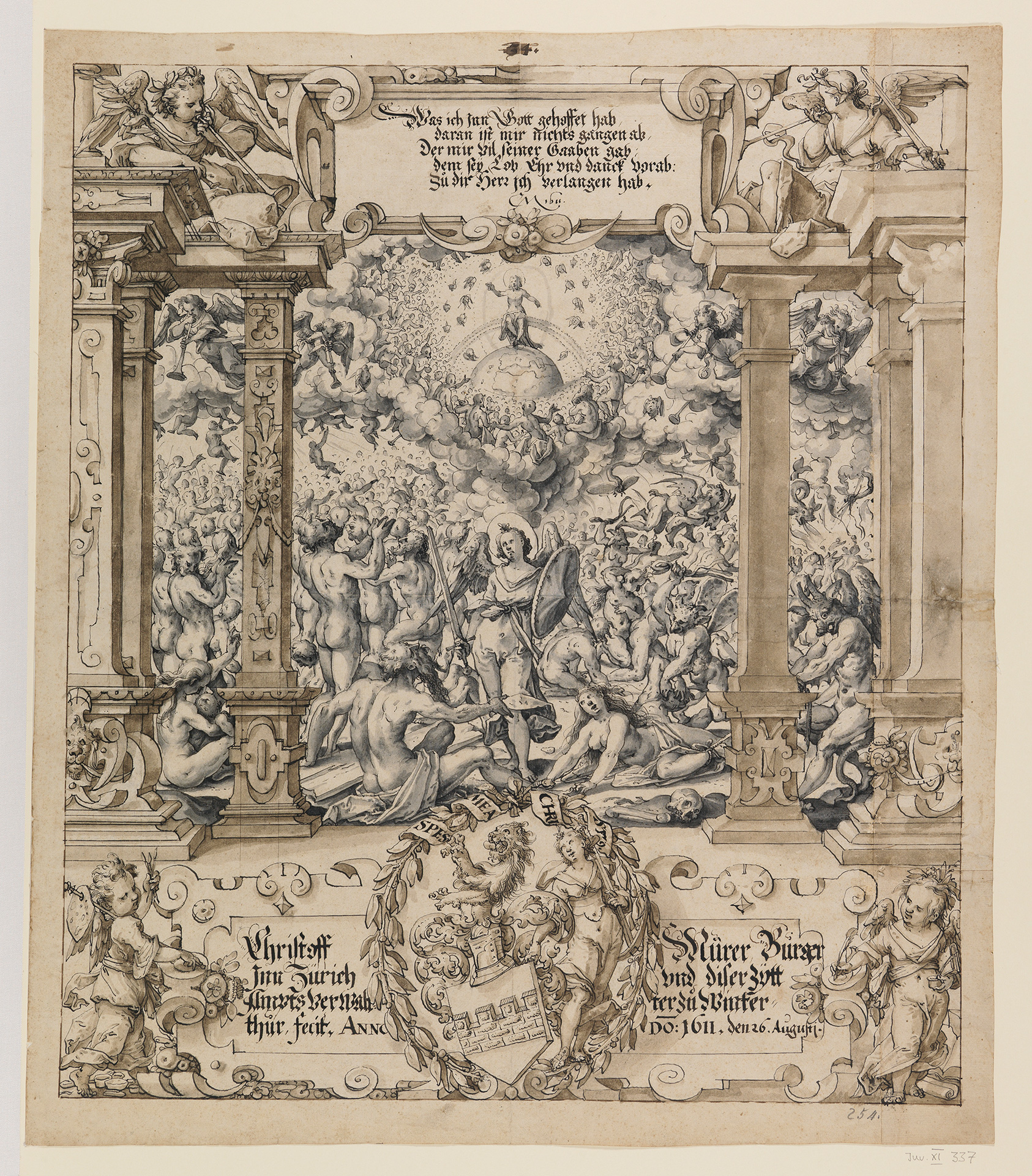 Riss mit dem Jüngsten Gericht, darunter das Wappen Christoph Murer