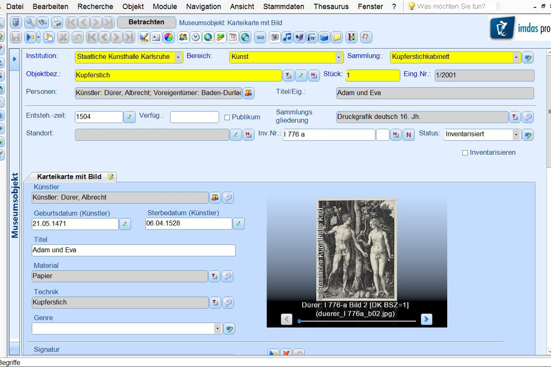 Auf dem Screenshot ist die imdas Datenbank zu sehen, wo einige Informationen zu einem Kunstwerk von Albrecht Dürer eingetragen sind.