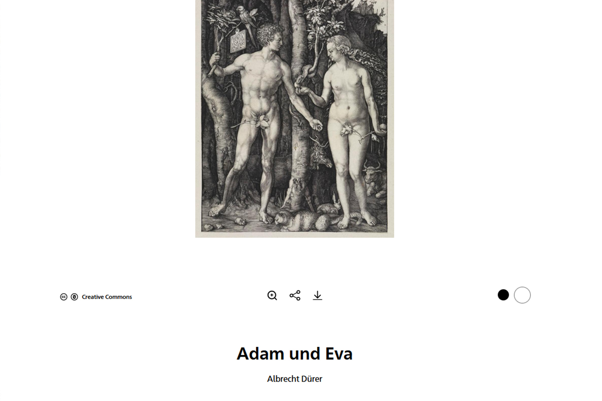 Auf dem Foto sieht man eine Abbildung von Albrecht Dürers "Adam und Eva" im Rahmen der Sammlung online der Kunsthalle Karlsruhe.