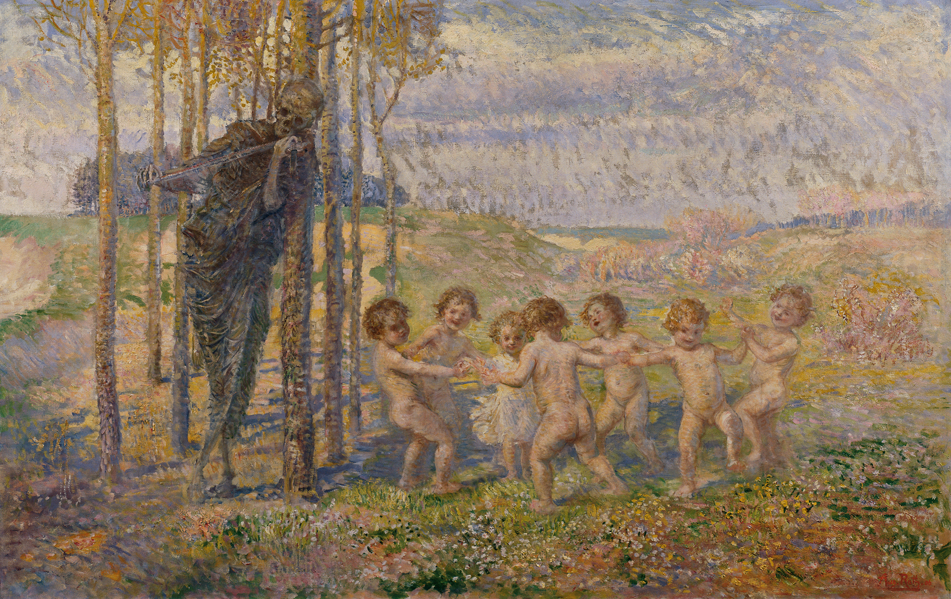 Le tableau montre plusieurs petits enfants qui se tiennent en cercle et se tiennent les mains l'un sur l'autre. A côté d'eux, appuyé sur un arbre, se trouve un squelette.
