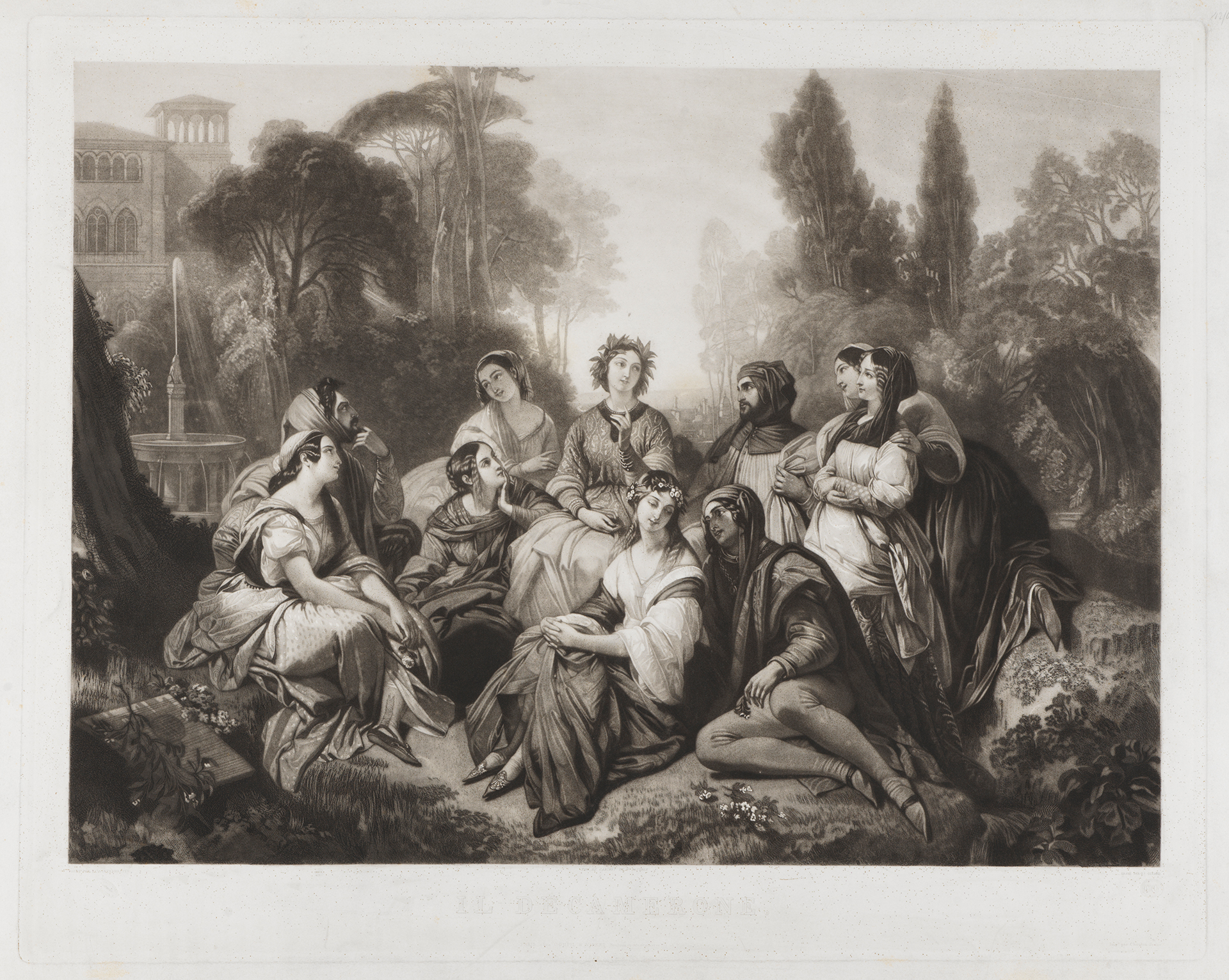The painting shows several people sitting and chatting in a garden, with the person in the middle wearing a laurel wreath.