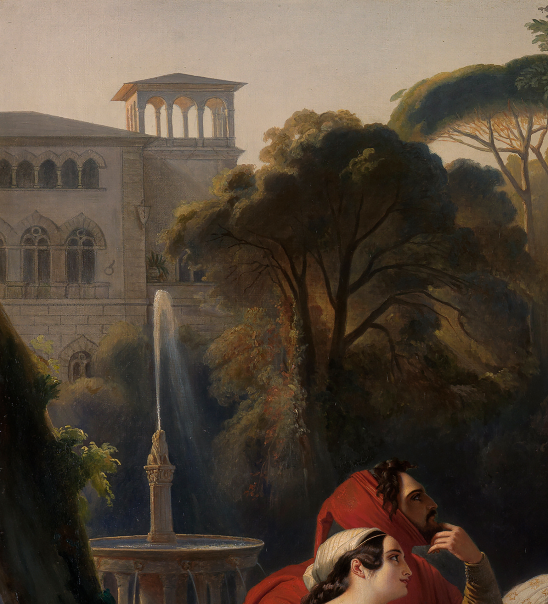 The painting shows the building behind a tree.