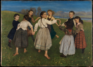 Une peintre de plusieurs enfants se tenant les mains dans un cercle. Ils sont dans une prairie et semblent tourner en rond ensemble.