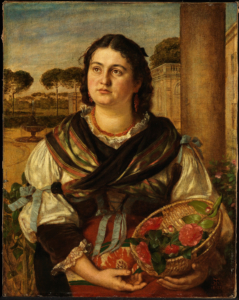 Une peintre d'une femme avec les bras croisés. Elle tient un panier de fleurs dans les mains et regarde avec impatience, tandis que derrière elle se trouve un jardin et une propriété.