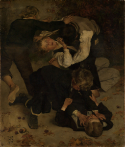 Le tableau montre plusieurs garçons qui se battent. Deux se battent debout, deux se roulent sur le sol, un autre pousse l'un des deux debout.