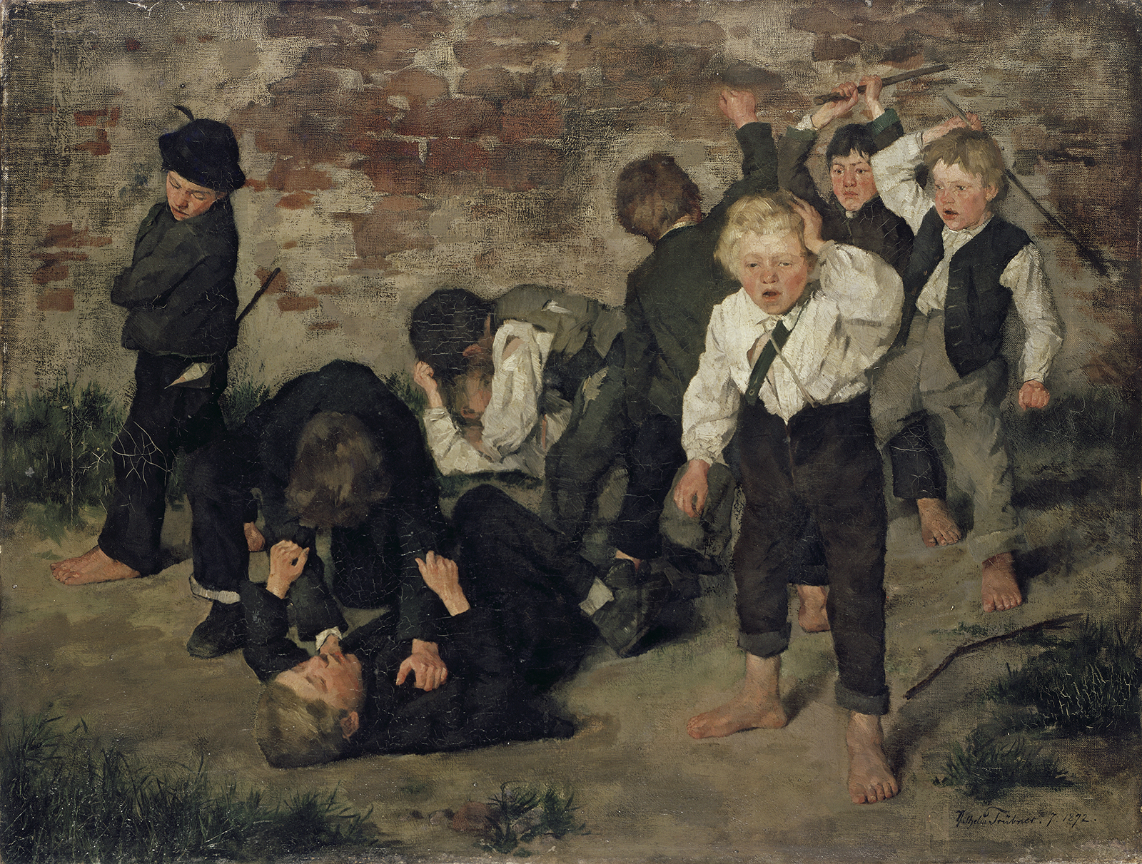 Das Gemälde zeigt mehrere Jungen, die sich miteinander prügeln. Ein paar halten einander fest, einer schaut von oben auf zwei liegende herab, einer hält sich verwirrt den Kopf, zwei holen mit Stöcken aus.