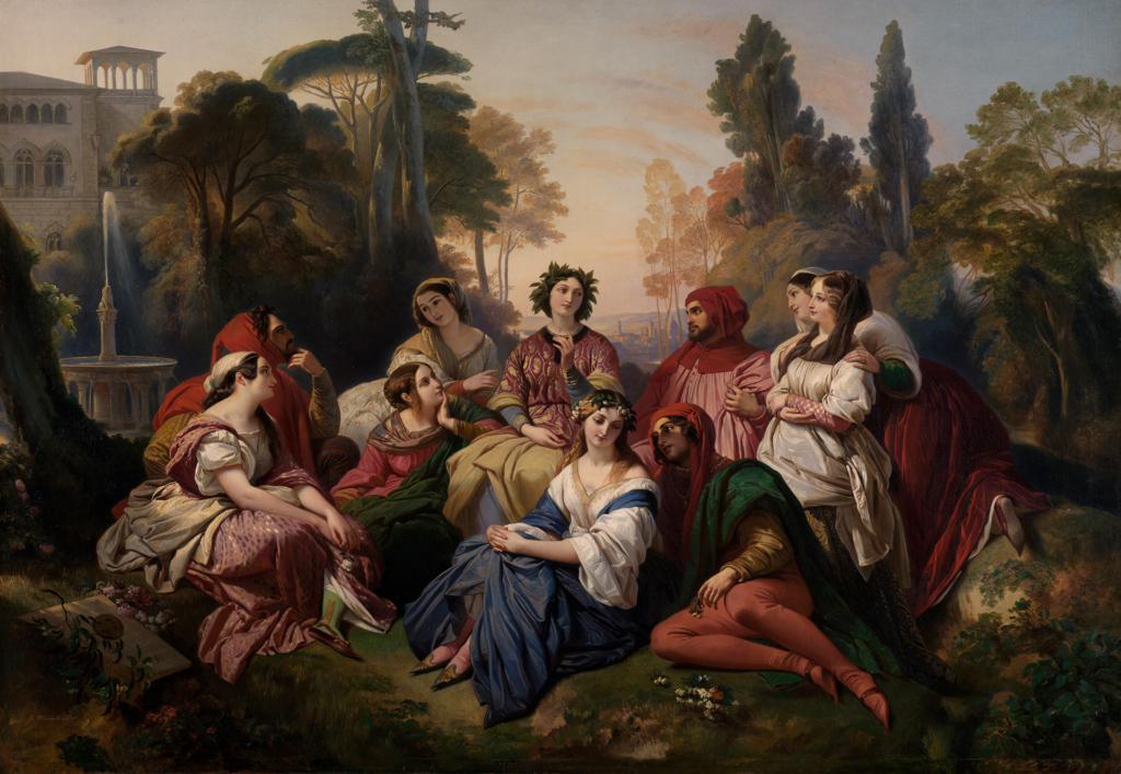 A picture of various people in colorful robes sitting together in a garden and chatting with each other. Behind them are trees, a fountain and a building.