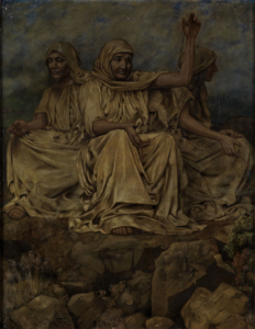 The painting shows three elderly women in long robes sitting on the floor. All three hold a thread, the one in the middle stretches her hand with the thread towards the sky.