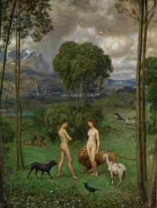 Adam et Eve dans un paysage verdoyant.