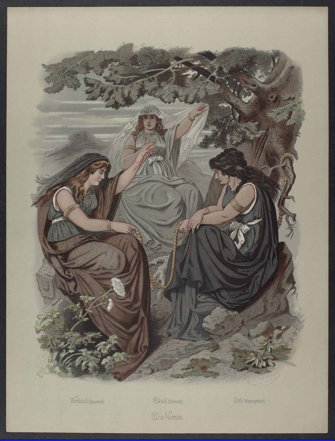 Le tableau montre trois femmes vêtues de robes de couleurs différentes tenant un fil sous un arbre.
