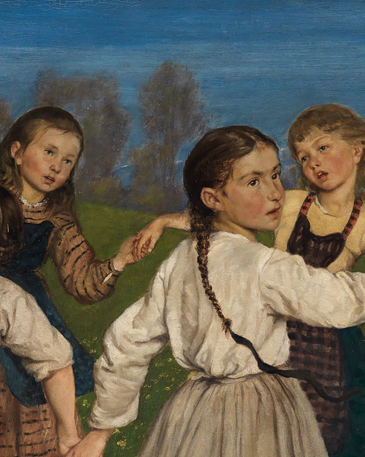 Une peintre de plusieurs enfants se tenant les mains dans un cercle. Ils sont dans une prairie et semblent tourner en rond ensemble.