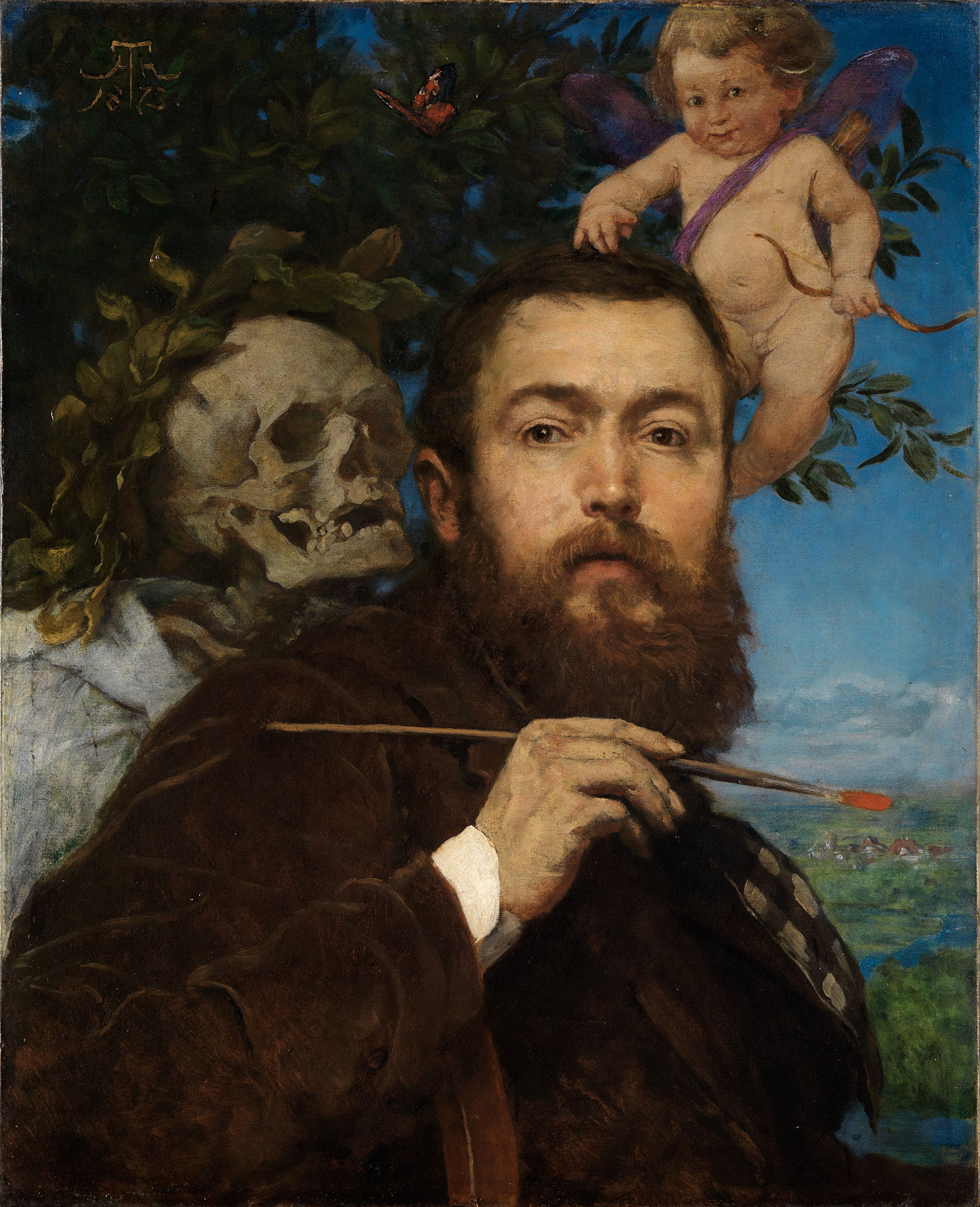 Hans Thoma with a brush in his hand, behind him a skeleton whispering something in his ear. At the top right, a winged squirrel.