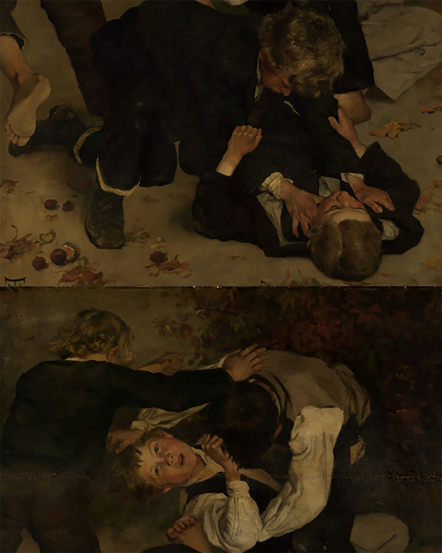 Le tableau montre plusieurs garçons qui se battent. Deux luttent debout (en bas), deux roulent sur le sol (en haut), un autre pousse l'un des deux debout (en bas).