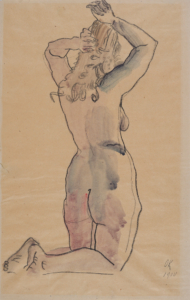 Die Grafik von Oskar Kokoschka zeigt eine kniende, nackte, weibliche Person von hinten.