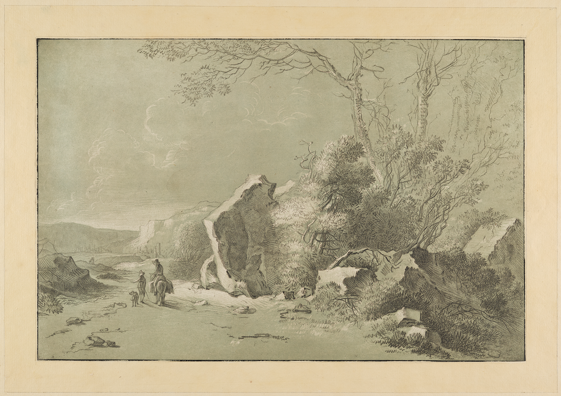 Montierte Reproduktionsgrafik einer Landschaft mit Reiter und Gefährten mit Hund