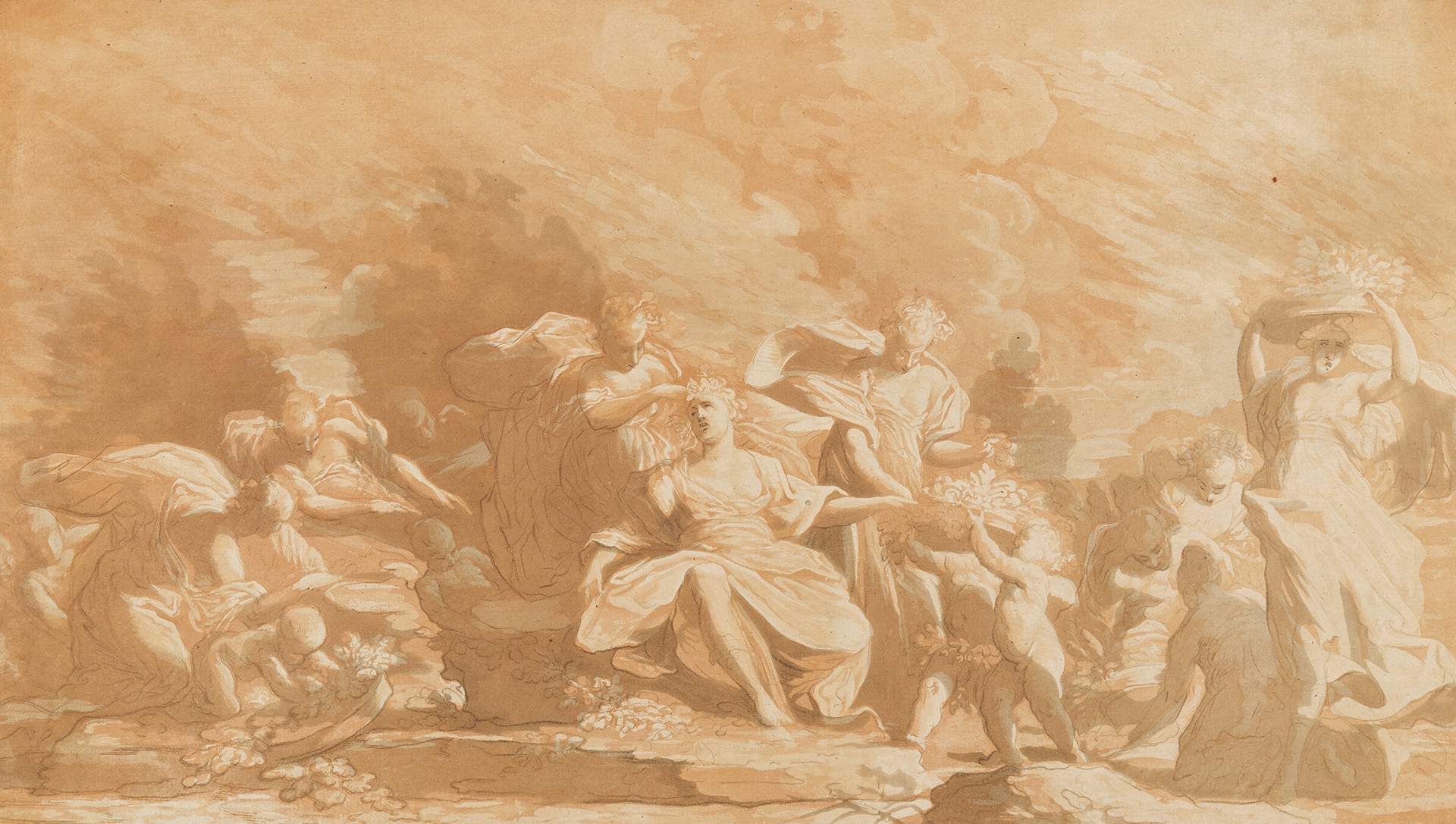 Aquatintadruck mit der Darstellung des Reichs der Flora in pastelltönen