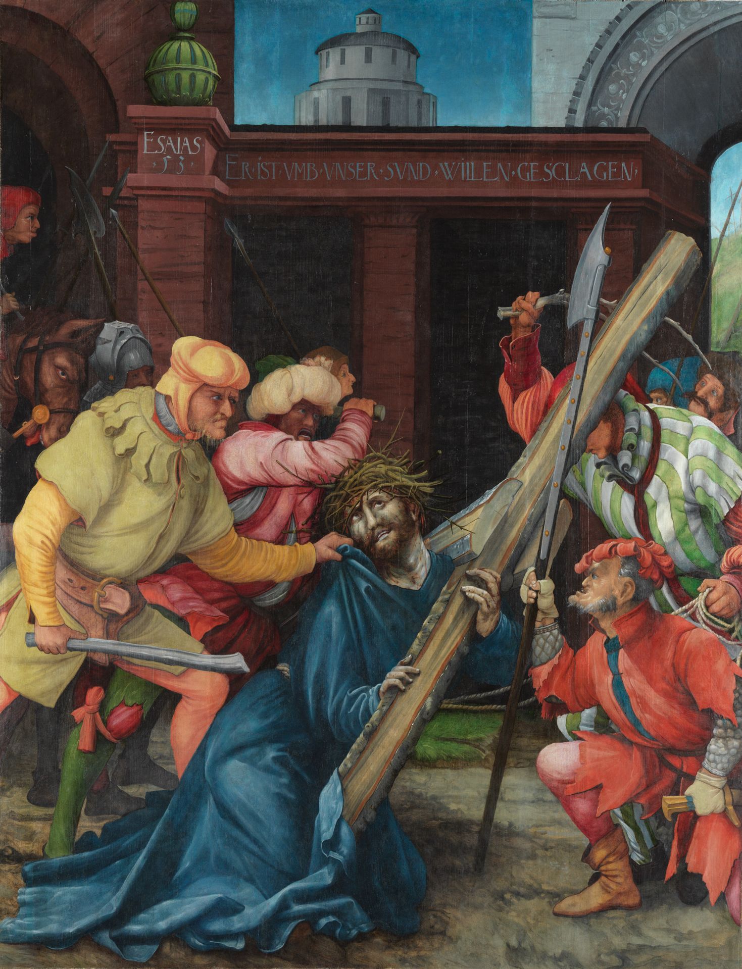 Christus mit Dornenkrone kniet zentral im Bild auf dem Boden und leidet unter der Last des Kreuzes das er tragen muss. Er schaut Richtung Himmel und ist umgeben von wütenden Männern in bunter Kleidung, die an ihm zerren und zum Schlagen ausholen.