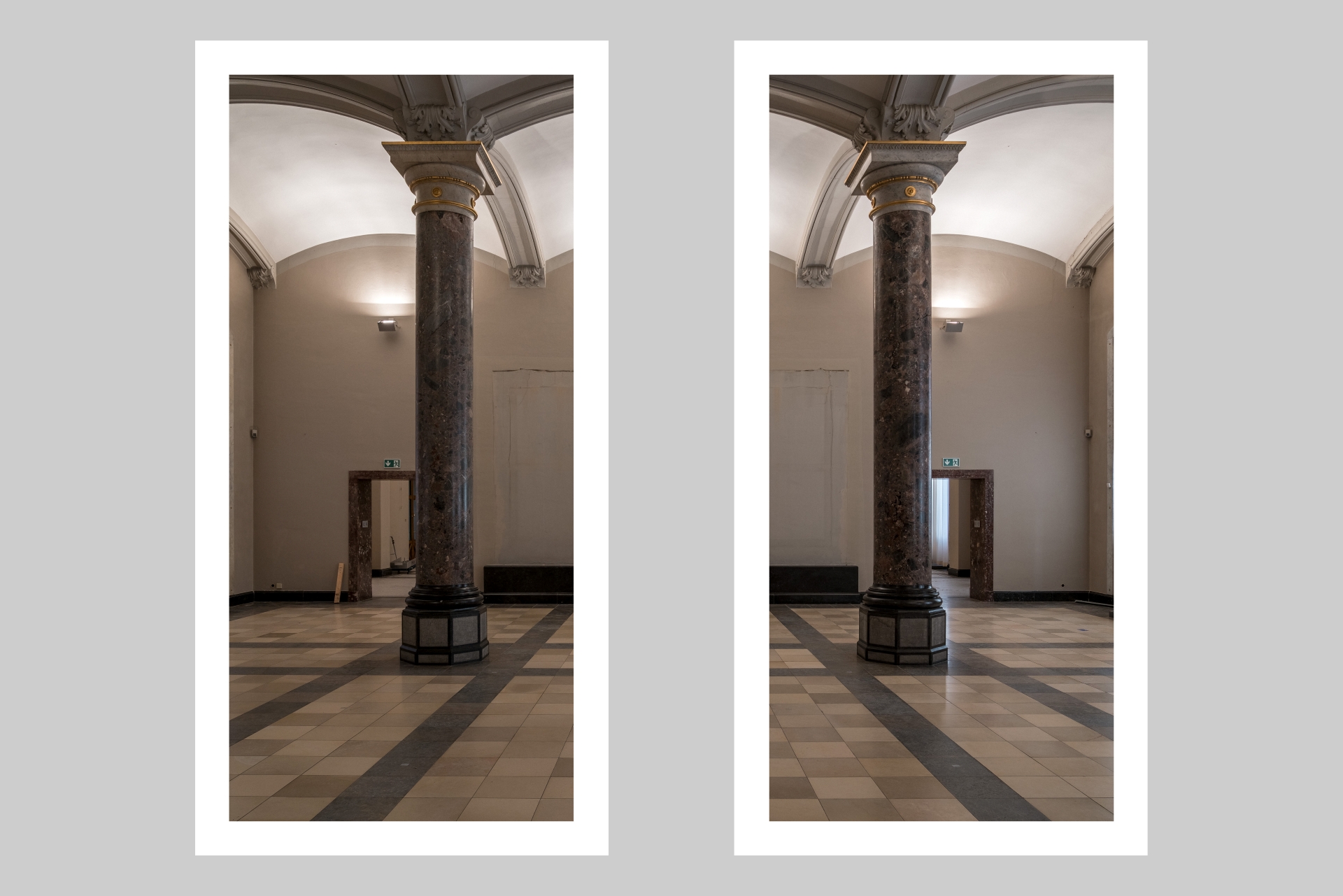 Fotografie mit Blick in das Hauptgebäude der Kunsthalle. Zu sehen sind zwei Säulen, das Foto ist in der Mitte geteilt, sodass eine Leerstelle im Raum entsteht.