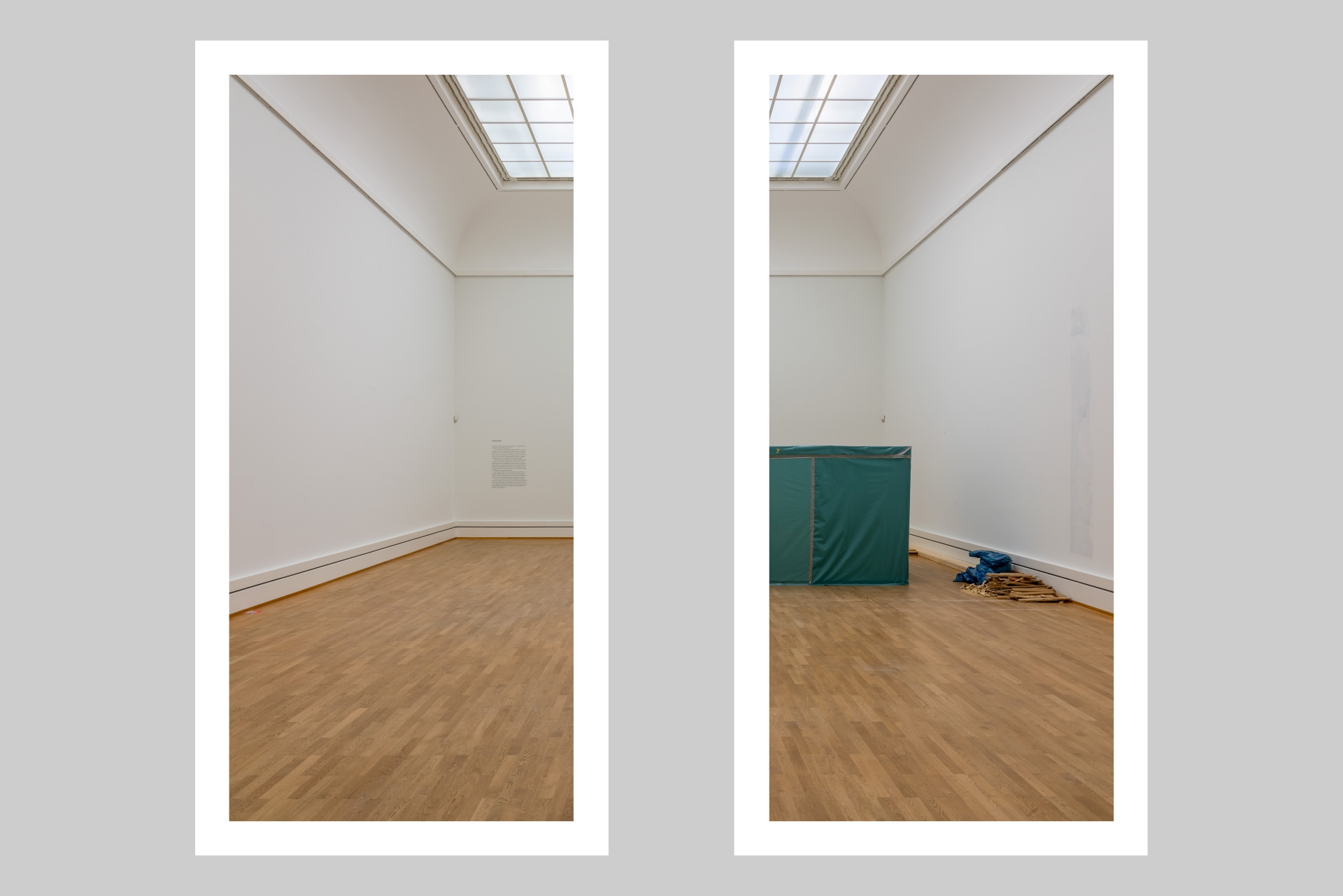 Die Fotografie ist in zwei Teile geteilt, sodass in der Mitte des Bildes eine Leerstelle entsteht. Sie zeigt einen Blick in einen Ausstellungsraum des Kunsthallen Hauptgebäudes und zeigt erste Spuren der dortigen Sanierung mit einem geöffneten Boden.