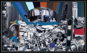 Eine Collage verbindet zwei konträre Welten miteinander: Unten ist die größte Wäscherei in Mumbai unter freiem Himmel zu sehen und darüber ein Karlsruher Waschsalon.