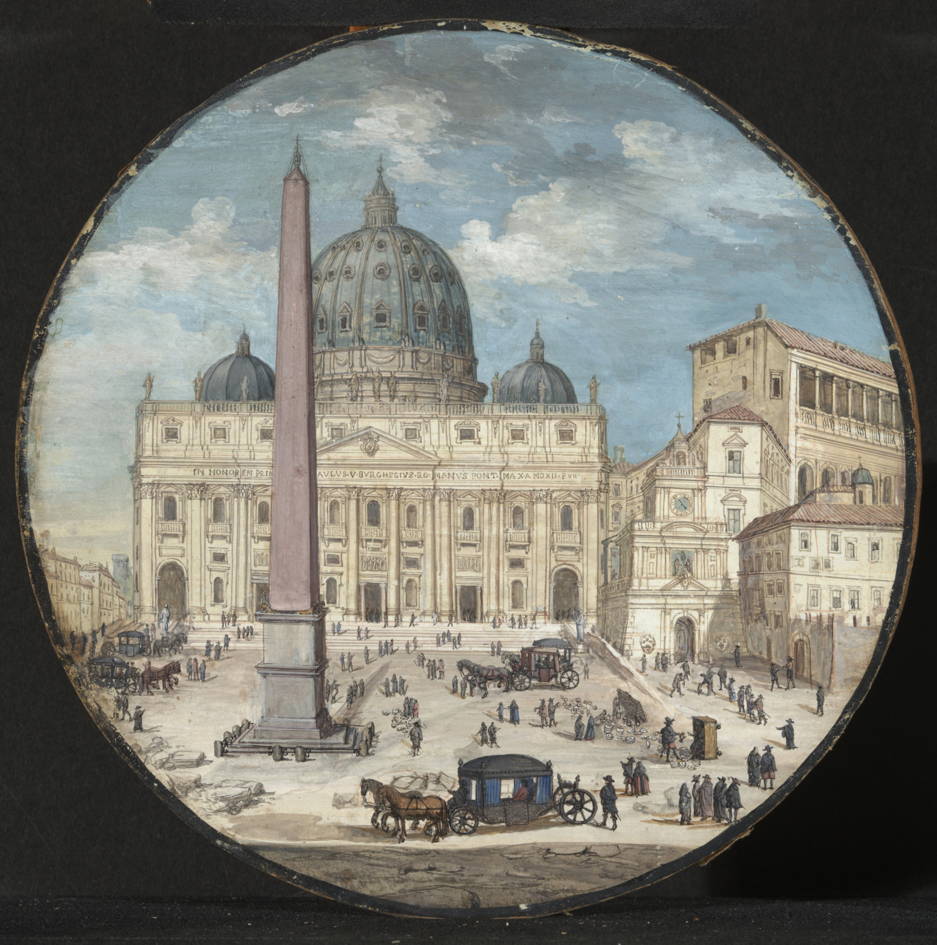 Auf dem runden Kunstwerk ist der Petersdom in Rom in Frontalansicht zu sehen. Auf dem Vorplatz herrscht geschäftiges Treiben.