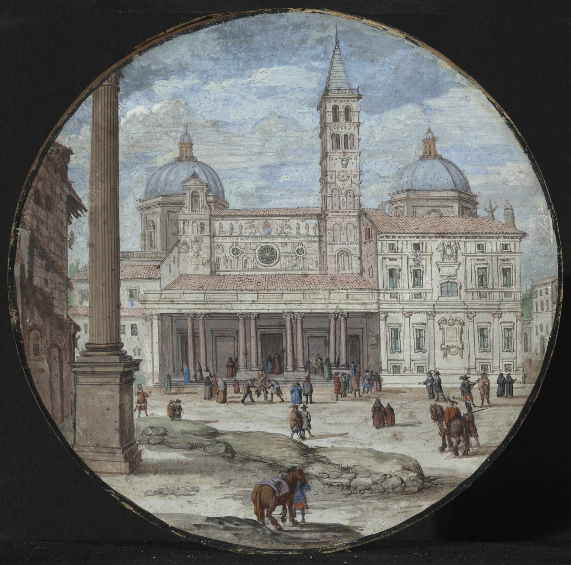 Das Kunstwerk hat ein rundes Format und zeigt die Kirche Santa Maria Maggiore, die sich in Rom befindet. Auf dem Vorplatz sind viele Menschen und ein paar Pferde.