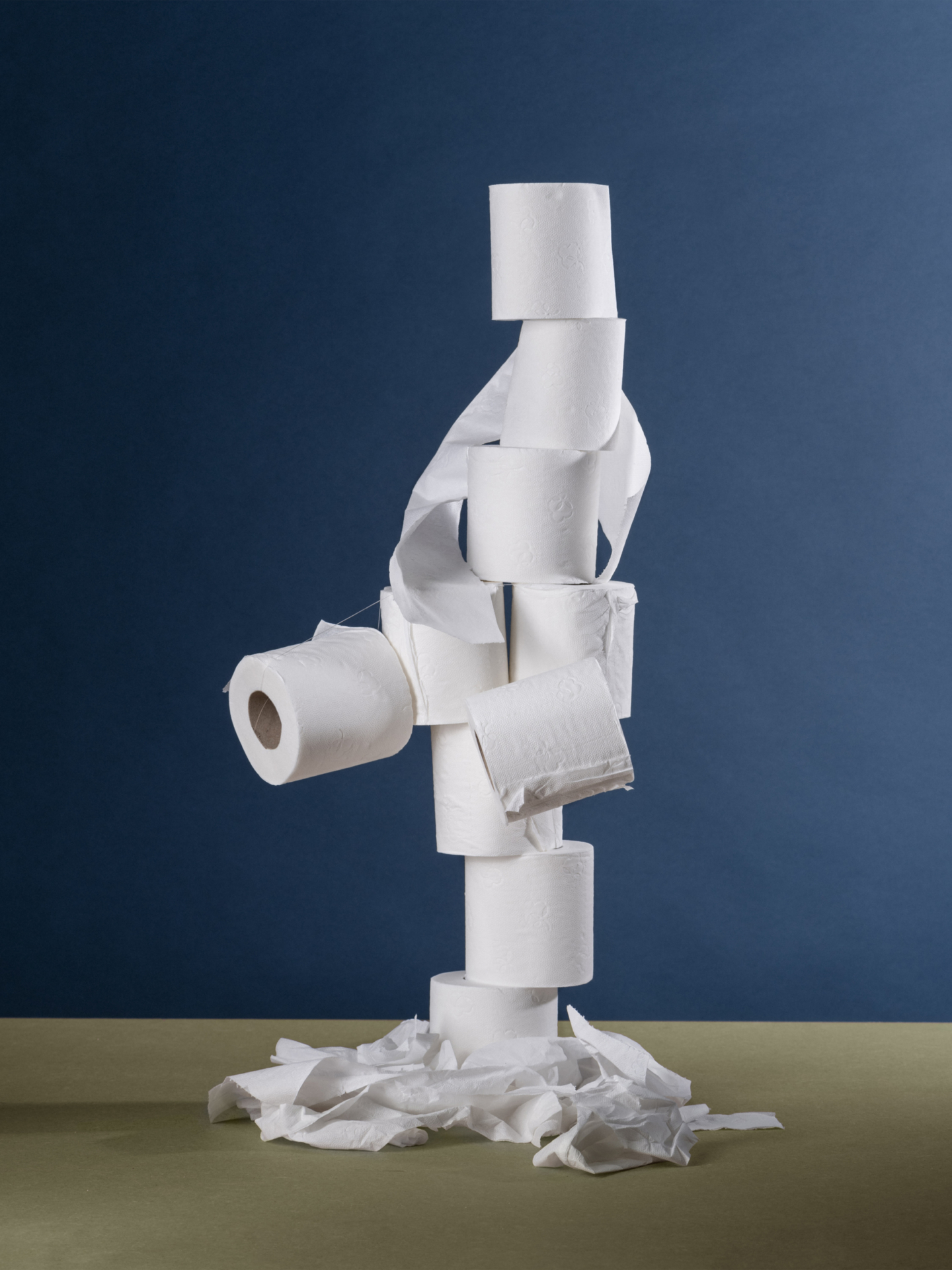 Die zwölf einzelnen Fotografien wie in einem Raster angeordnet. In jedem Bild wird ein Lebensmittel oder Hygieneartikel, wie Klopapier oder Eier, zu einem waghalsigen Konstrukt.