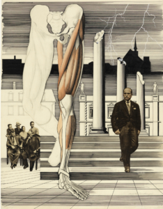 Ein Mann schreitet eine Treppe hinunter. Neben ihm läuft das Fragment eines Unterkörpers. Links sitzt ein Publikum. Im Hintergrund durchzucken Blitze den Himmel.