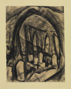 Ein Bogen gibt den Blick auf eine Kirchenruine frei. Im Vordergrund stehen einige Grabsteine.