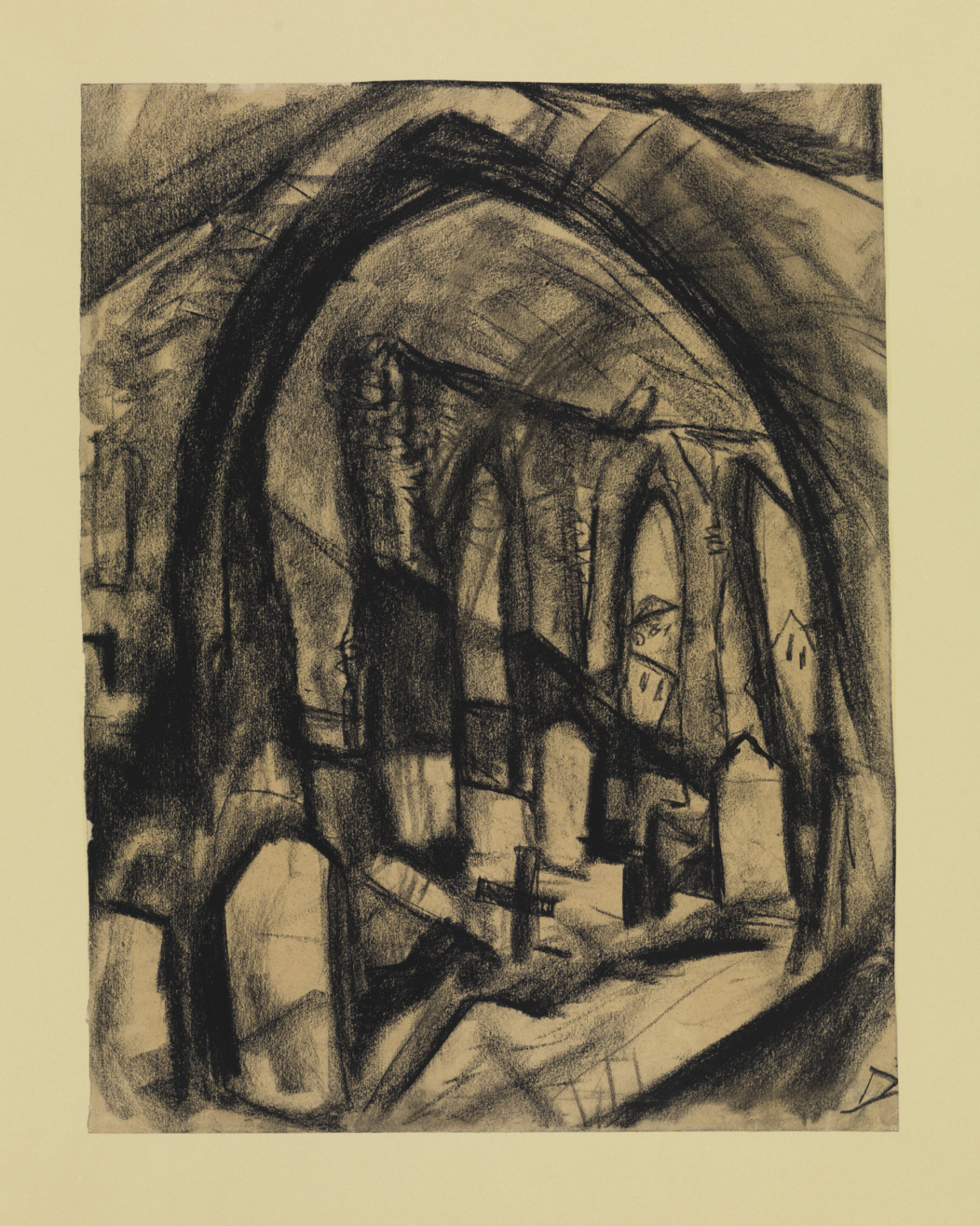 Ein Bogen gibt den Blick auf eine Kirchenruine frei. Im Vordergrund stehen einige Grabsteine.