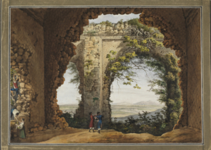 Zwei Reisende blicken durch einen ruinösen Bogen in die Landschaft. Links ernten drei Personen Trauben.