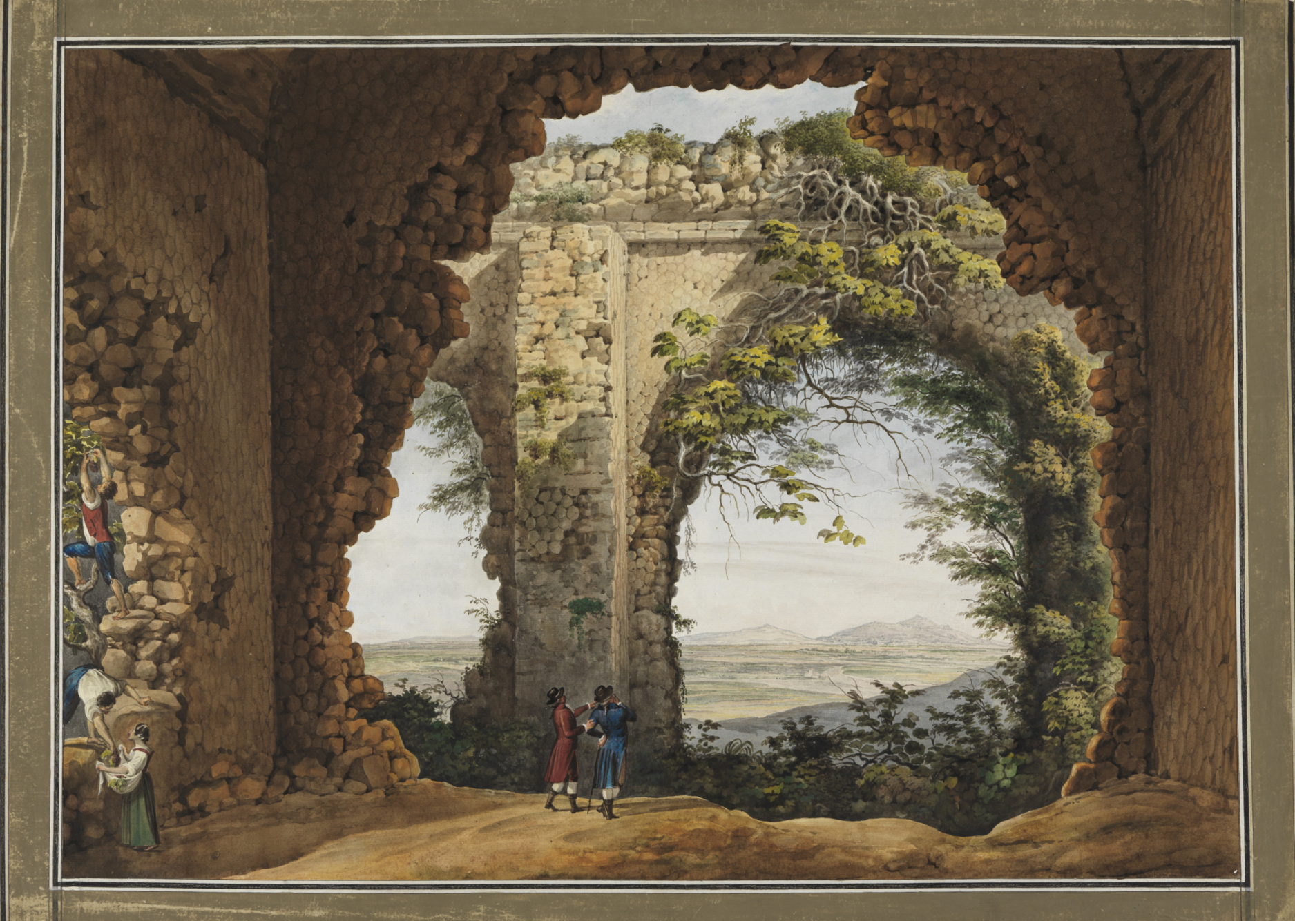 Zwei Reisende blicken durch einen ruinösen Bogen in die Landschaft. Links ernten drei Personen Trauben.