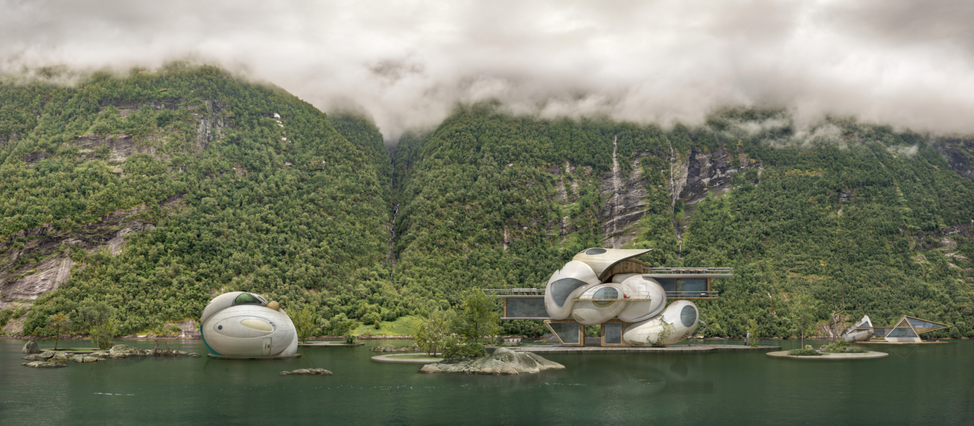 Vor einer bewaldeten Steilküste fließt ruhig ein grün-blauer Fluss. Im Fluss befinden sich auf kleinen Inseln futuristische Gebäude aus runden Formen, aber auch aus Glas und Holz.