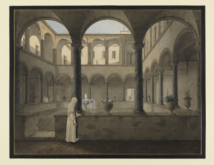 Der Kreuzgang der Kirche San Salvatore in Rom ist von Rundbögen im Erdgeschoss und im ersten Stock umgeben. In der Mitte steht ein Springbrunnen. Eine Nonne lehnt an der Mauer.