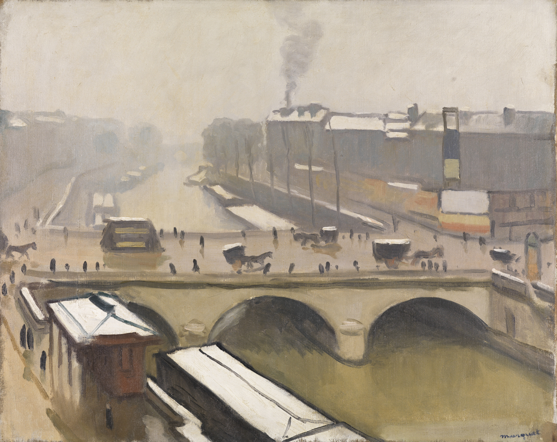 Über der Seine in Paris liegt ein grauer Himmel. Eine Brücke überqueren schemenhaft angedeutete Menschen und Kutschen. Es dominieren Grau- und Brauntöne.
