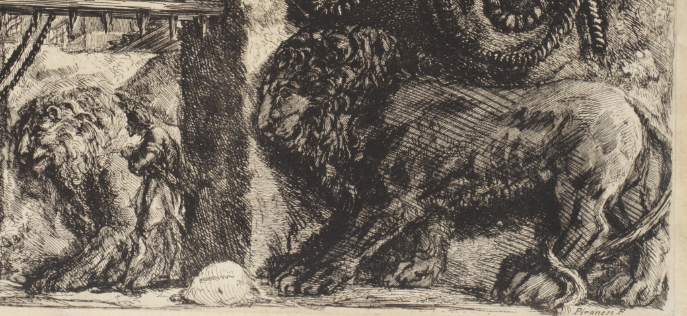 Im Vordergund ist ein in Stein gemeiselter Löwe zu sehen. Im Hintergrund ist ein Künstler gerade dabei einen weiteren steinernen Löwen entstehen zu lassen.