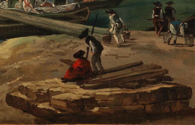 Zwei Männer sind in Rückansicht zu sehen. Einer von ihnen trägt einen roten Mantel und hat eine angedeutete Palette in der Hand. Der andere Mann steht gestützt auf einem Stock neben ihm.