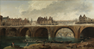 Eine Brücke in Paris über die Seine. Sie war mit Häusern bebaut, die gerade abgerissen werden. Im Hintergrund sind noch bebaute Brücken zu sehen.