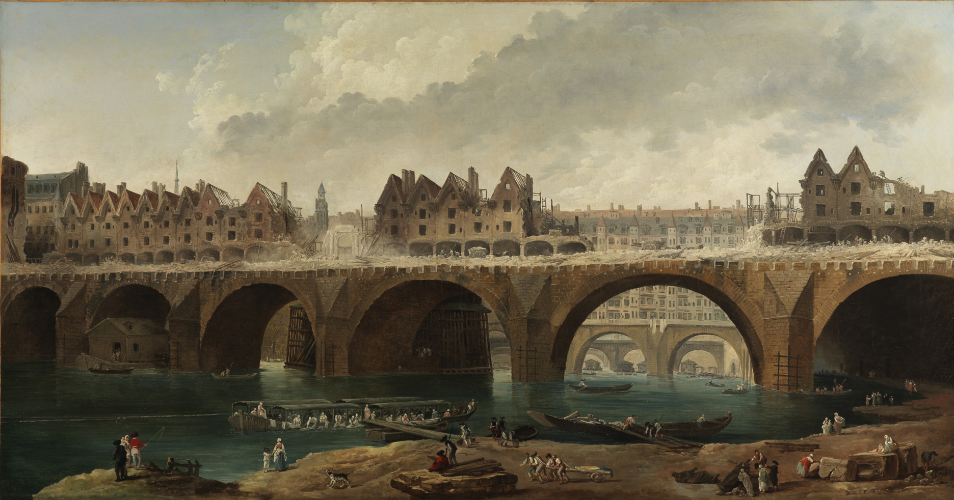 Eine Brücke in Paris über die Seine. Sie war mit Häusern bebaut, die gerade abgerissen werden. Im Hintergrund sind noch bebaute Brücken zu sehen.