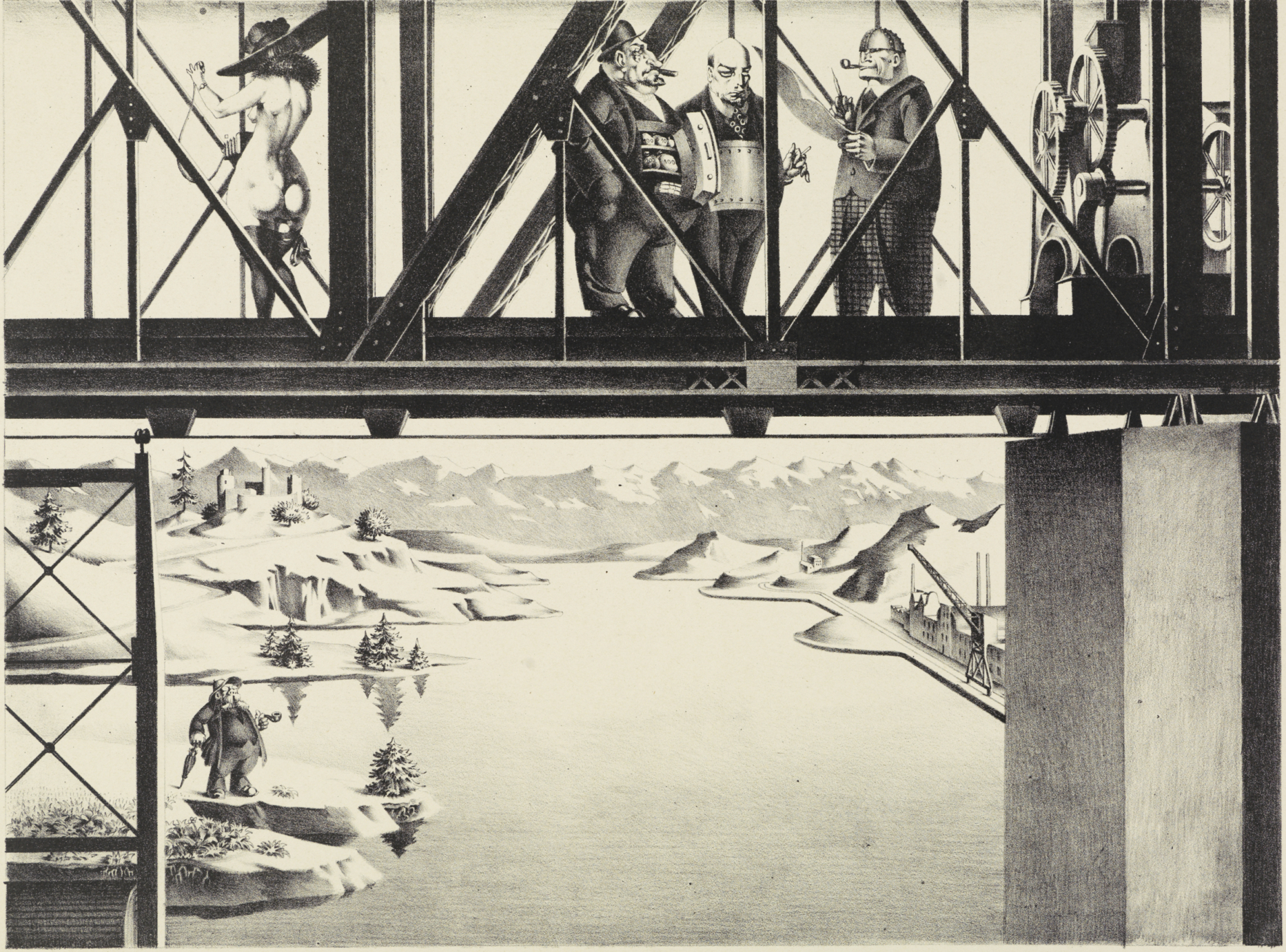 Hoch über einem breiten Fluss stehen drei beleibte Männer auf einer Brücke und diskutieren. Unten steht ein Bürger und sieht zur Brücke hinauf. Am rechten Ufer ist eine Fabrik.