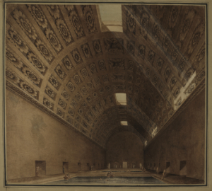 In drei Pools schwimmen Menschen. Manche sitzen am Rand, kommen oder verlassen das Bad. Das hohe antikes Gewölbe über ihnen ist mit zahlreichen Rosetten ausgestattet.