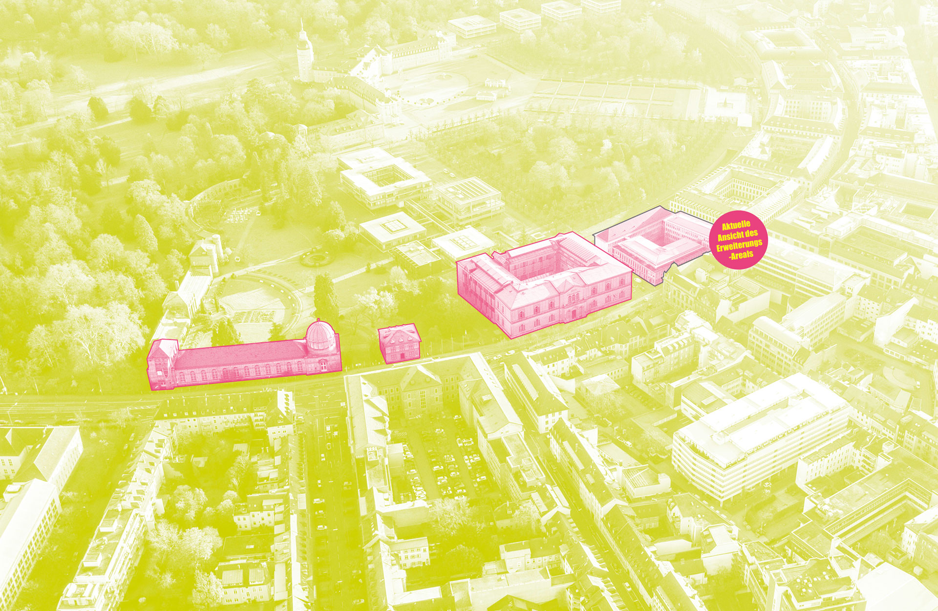 Luftaufnahme des Karlsruher Stadtzentrums mit Blick auf den Schlosspark. Die Gebäude der Staatlichen Kunsthalle Karlsruhe sind in Pink hervorgehoben, einschließlich Hauptgebäude, Orangerie und Erweiterungsbau.