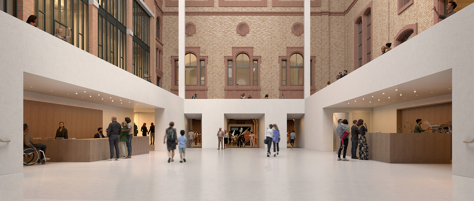 Visualisierung des neuen Innenhofs der Staatlichen Kunsthalle Karlsruhe. Ein heller, offener Raum mit Glasdach verbindet historische Backsteinfassaden mit modernen weißen Einbauten. Menschen bewegen sich durch das Foyer, sitzen an der Cafétheke oder sprechen mit dem Empfangspersonal.