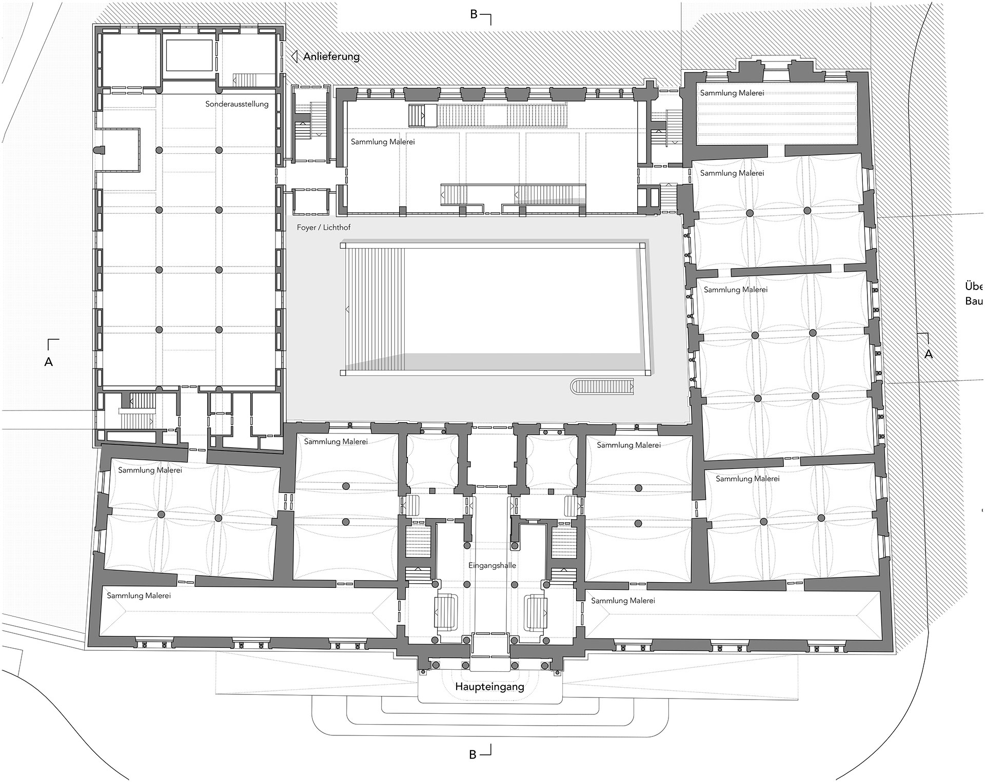 Ein Grundriss der geplanten Sanierung der Staatlichen Kunsthalle Karlsruhe. Im Lichthof ist eine breite Treppe zu sehen, die ins Untergeschoss zum Empfang führt.