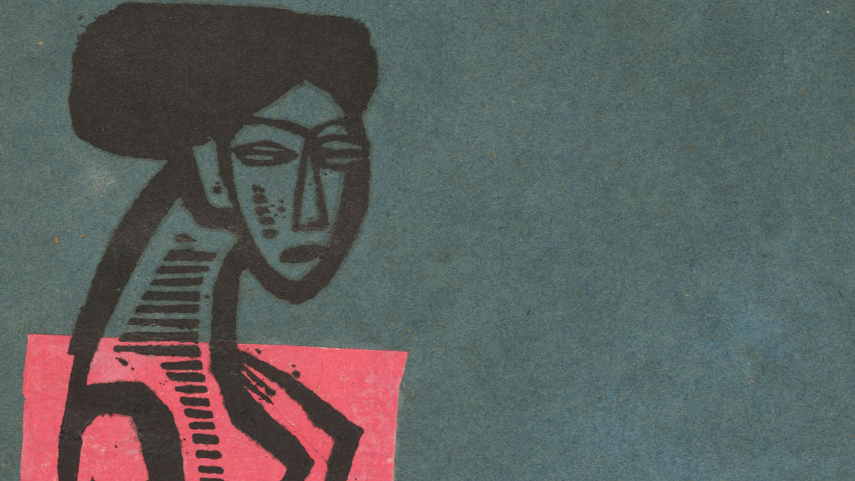 Detail des Katalogcover der Berliner Ausstellung von 1912; der Holzschnitt eines Frauenporträts auf blauem Papier mit einem rötlichen Feld ist zu sehen