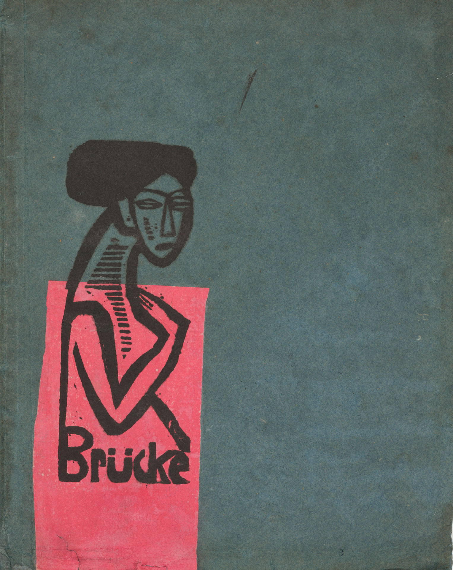 Katalogcover der Berliner Ausstellung von 1912; zeigt links eine Frauengestalt als Holzschnitt auf blauem Papier mit einem rötlichen Feld.