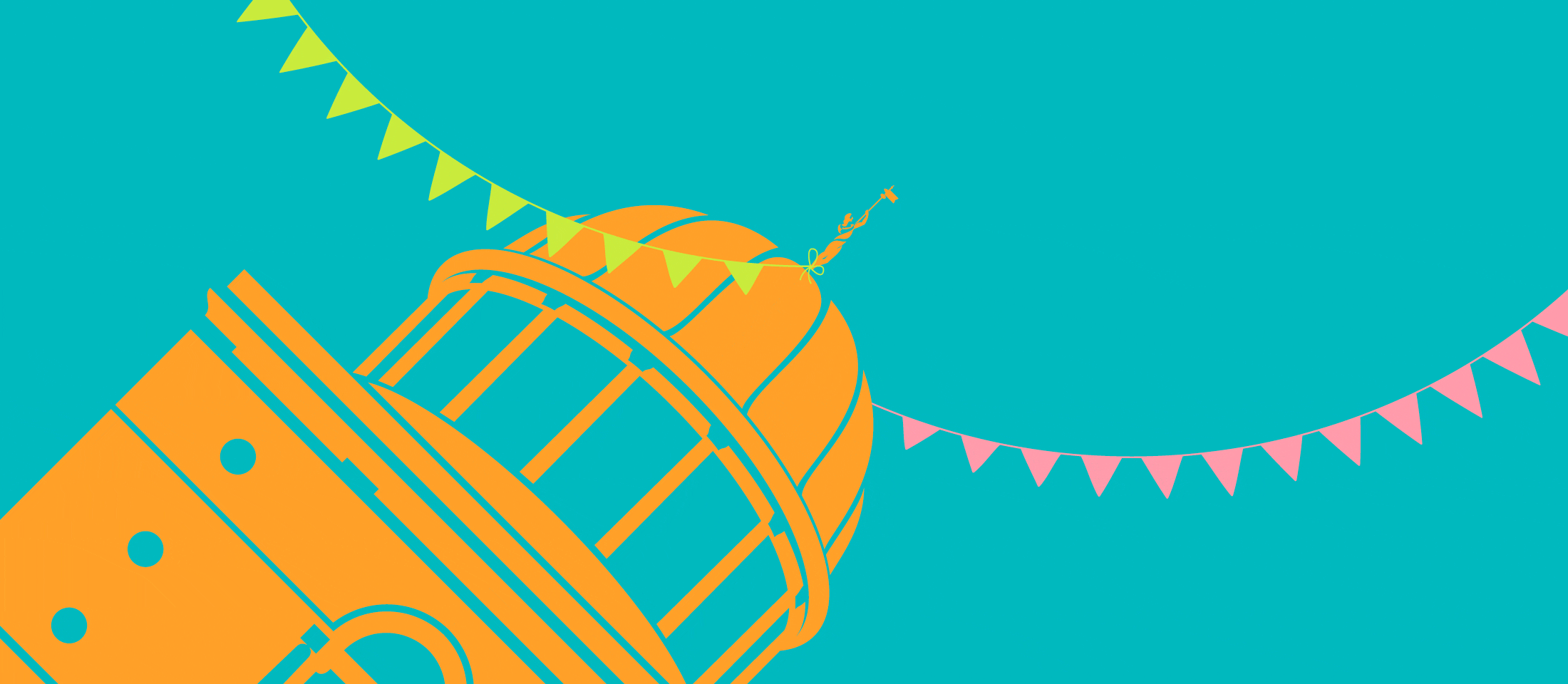 Keyvisual des Kulturfestivals "Room to Grow. Zu sehen ist die Kuppel der Orangerie, die sich als grafische Abbildung links in den Bildrand schiebt. An der Spitze der Kuppel sind zwei Fahnenwimpel angebracht die links und rechts durchs Bild laufen. Der Hintergrund ist blau, die Wimpel pink und gelb und die Kuppel orange.
