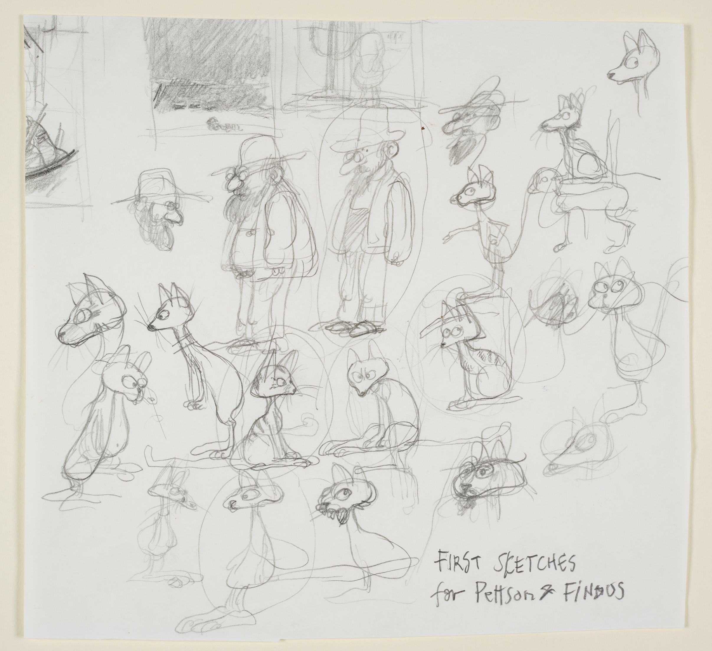 Skizzen von Sven Nordqvist, einen alten Mann mit Hut zeigen und eine Katze mit Latzhose. Darunter steht "First Sketches for Pettersson and Findus"