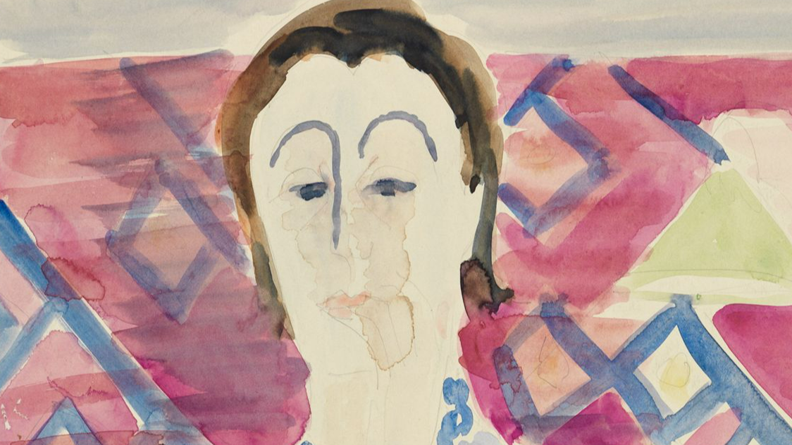 Detail Aquarell eines stehenden Frauenporträts vor gemustertem Hintergrund - hier ist nur der Kopf zu sehen.