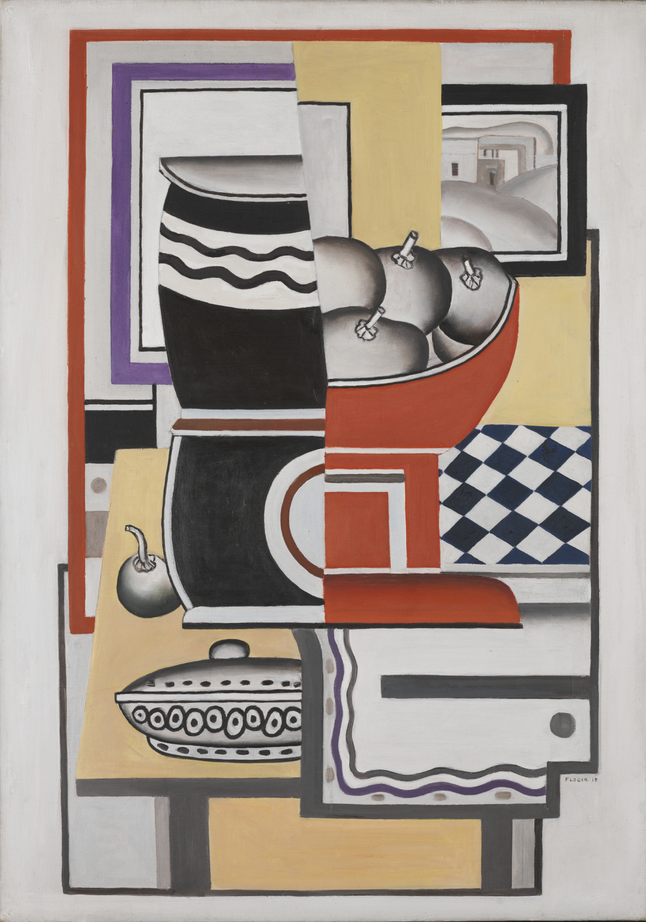 Kubistische Darstellung von Obstschale, Krug und Schale auf Tisch mit geometrischen Mustern und Rahmen.